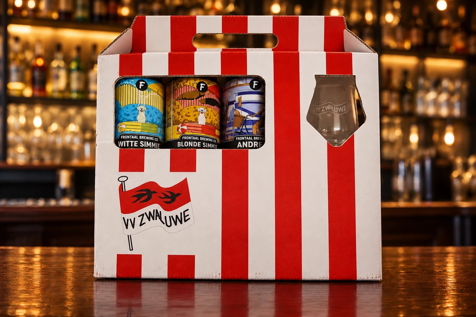 Rood-wit gestreepte bierset van VV Zwaluwe